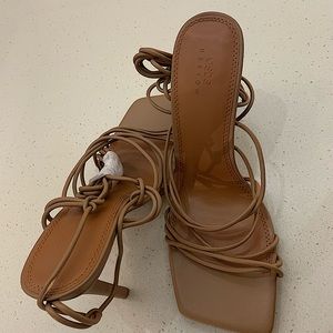 ASOS DESIGN Nina Strappy tie leg heeled sandals in Beige. Size US 10.